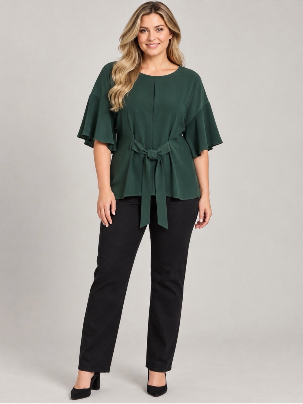 Eloquii Forest Green Tie-Waist Flutter Sleeve Top - Women